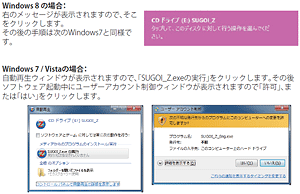 Windows 8, 7, Vista, 2008 の場合： 自動再生ウィンドウが表示されますので、「SUGOI-EasyCopy.exeの実行」をクリックします。その後ソフトウェア起動中にユーザーアカウント制御ウィンドウが表示されますので「許可」、または「はい」をクリックします。